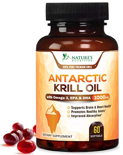 Antarctic Krill Oil Supplement 1000mg Triple Strength Krill w/Omega 3, EPA, DHA & Astaxanthin - Made in USA - Heart & Joint Support, Non-GMO, No Fishy Aftertaste for Men Women - 60 Softgels