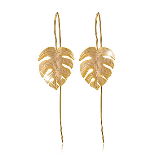 Lotus Fun 14K Yellow Gold Plated 925 Sterling Silver Drop Earrings Monstera Leaves Dangle Earring , Handmade Unique Jewelry for Women and Girls