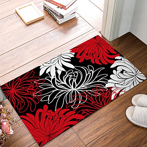 Daisy Floral Printed,Red Black and White Non-Slip Machine Washable Bathroom Kitchen Decor Rug Mat Welcome Doormat 20" W X 31.5" L