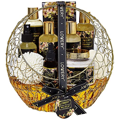 Birthday Gifts from Son, Bath and Body Gift Basket For Women and Men – Sweet Almond Home Spa Set with Fragrant Body Lotions, Bath Bombs, Gold Candy Dish & Much More - 11pc Set, Care Package for Mom