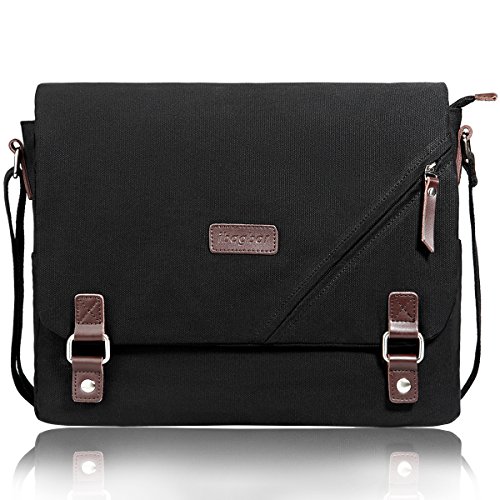 ibagbar Upgraded Canvas Messenger Bags 14 Inch Shoulder Crossbody Bag Laptop Computer Bags with Padded Sleeves Vintage Satchel College School Bag Bookbag Working Bag for Men and Women (Black 001)