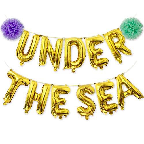 Under the Sea Balloons Banner Gold, Mylar Letter Balloon with Pom Poms for Under the Sea Party Decorations Mermaid Party Supplies