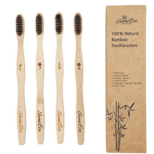 Sumi Eco Organic Bamboo Toothbrush - Eco-Friendly Wood With Soft Nylon Bristles Ergonomic Design | Biodegradable and Vegan Bamboo | Pack of 4