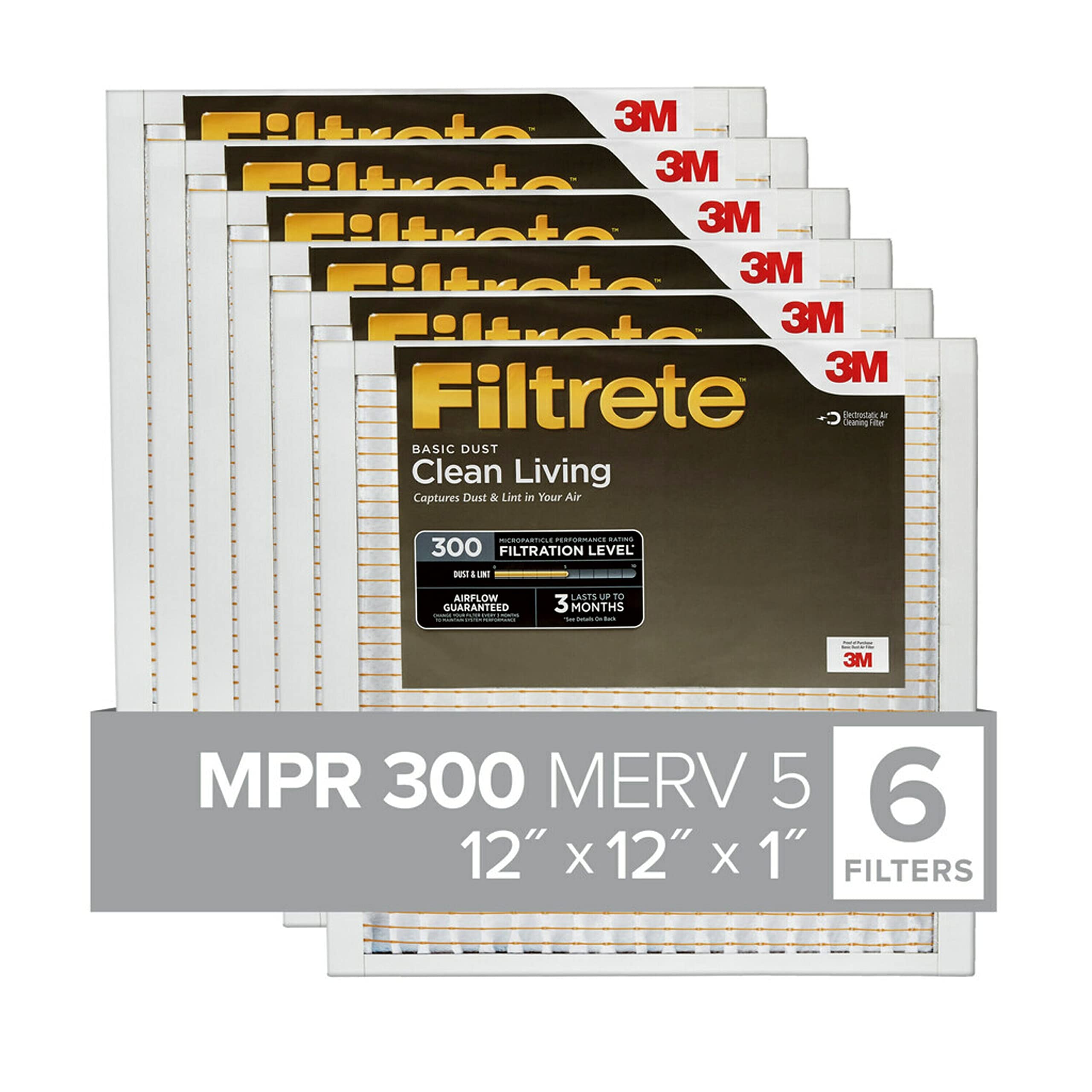 Filtrete 12x12x1 Air Filter, MPR 300, MERV 5, Clean Living Basic Dust 3-Month Pleated 1-Inch Air Filters, 6 Filters 12x12x1 White