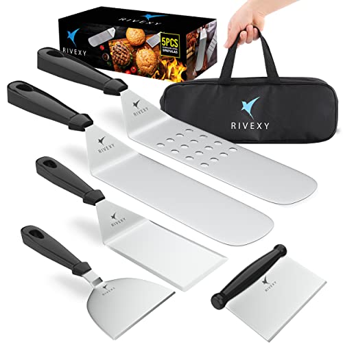Rivexy 5 Pcs Grill Spatula for Outdoor Grill Premium Quality Metal Spatula for Cast Iron Skillet Durable Flat Top Grill Accessories Great for Outdoor BBQ Teppanyaki and Camping
