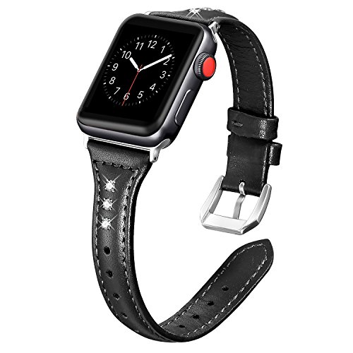 Secbolt Leather Bands Compatible with Apple Watch Band 38mm 40mm 41mm Iwatch SE Series 9 8 7 6 5 4 3 2 1 Slim Replacement Wristband Strap Stainless Steel Buckle, Black with Rhinestone