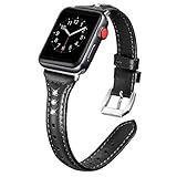 Secbolt Leather Bands Compatible with Apple Watch Band 38mm 40mm 41mm Iwatch SE Series 9 8 7 6 5 4 3 2 1 Slim Replacement Wristband Strap Stainless Steel Buckle, Black with Rhinestone