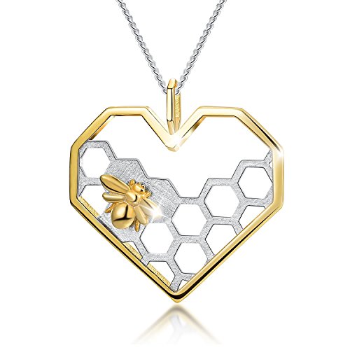 Lotus Fun Gifts for Christmas S925 Sterling Silver Necklace Pendant Honeycomb Bee Pendant with Link Chain length 17inches, Handmade Unique Jewelry Gift for Women and Girls