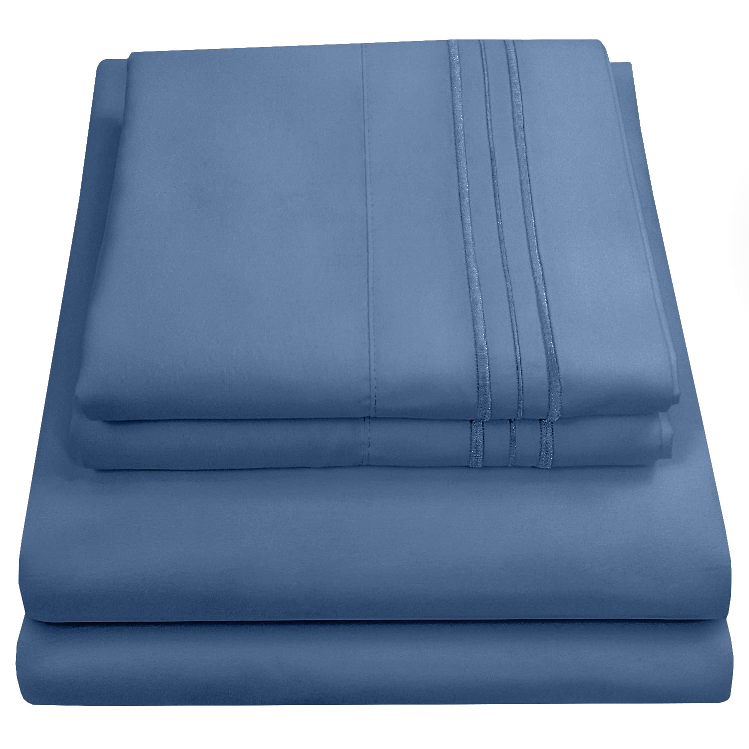 Book Cover King Size Sheets - Breathable Luxury Bed Sheets with Full Elastic & Secure Corner Straps Built In - 1800 Supreme Collection Extra Soft Deep Pocket Bedding Set, Sheet Set, King, Denim Denim King Sheet Set