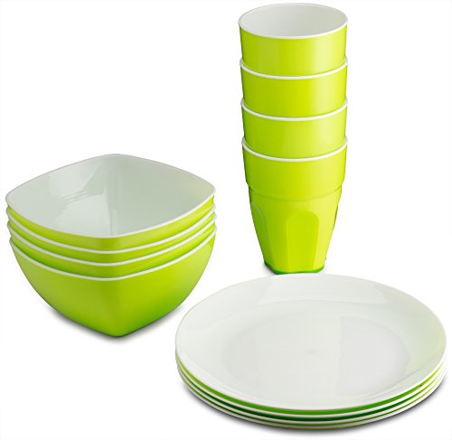 PLASTI HOME Reusable Plastic Dinnerware Set (12pcs) â€“ Ideal For Kids. Fancy Hard Plastic Plates, Bows & Cups In Green Colors â€“ Microwaveable & Dishwasher Safe Flatware & Tumblers For Daily Use,