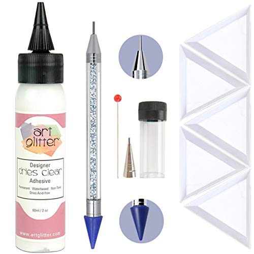 Art Glitter Glue Designer Dries Clear Adhesive 2-ounce with Ultra Fine Metal Tip, Pixiss 6-inch Jewel Picker Setter Pickup Tool, 5x Triangle Bead Trays Wax Pencil Rhinestone Applicator Application Kit