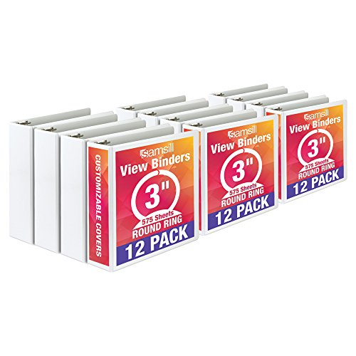 Samsill Economy 3 Ring View Binder, 3 Inch Round Ring - Holds 575 Sheets, PVC-Free / Non-Stick Customizable  Cover, White, 12 Pack
