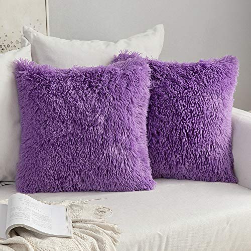 Book Cover MIULEE Pack of 2 Luxury Faux Fur Throw Pillow Cover Deluxe Winter Decorative Plush Pillow Case Cushion Cover Shell for Sofa Bedroom Car 18 x 18 Inch Purple