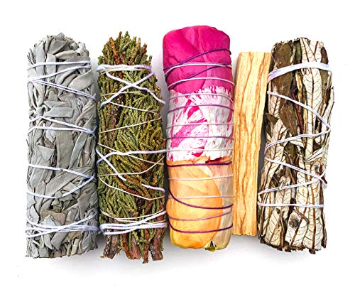 MAMA WUNDERBAR Smudge Kit - White Sage, Cedar, Flower Sage, Yerba Santa, Palo Santo. Home Cleansing, Blessing, Manifesting, Love