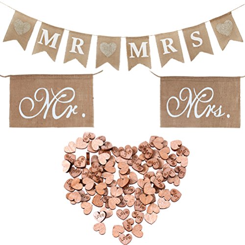 Buytra Rustic Wedding Decorations Set Including Burlap MR MRS Bunting Banner, Mr Mrs Chair Sign, 100 Pack Wooden Love Heart Slices