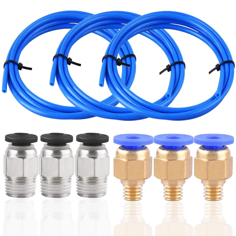 SIQUK 3 Pieces Teflon Tube PTFE Blue Tubing(1.5 Meters) with 3 Pieces PC4-M6 Fittings and 3 Pieces PC4-M10 Male Straight Pneumatic PEFE Tube Push Fitting Connector for 3D Printer 1.75mm Filament