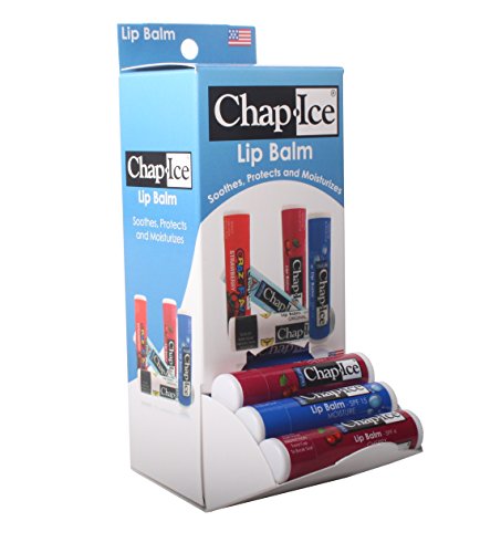 CHAP-ICE Assorted Lip Balm with Gravity Feed Display, Moisture SPF-15, Cherry SPF-4, 24 count