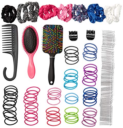 Stylin Hair Accessories Set for Women - Contains 180 Essential, Premium Hair Care Accessories - Hair Ties, Claw Clips, Hair Scrunchies, Bobby Pins, Detangling Brush, Shower Comb, Paddle Brush & More