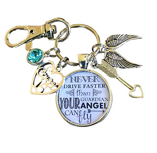 Sweet 16 key chain, Never drive faster than guardian angel can fly, birthday gift, 16th birthday gift for HER, aquamarine, daughter gift, niece gift, granddaughter gift, goddaughter
