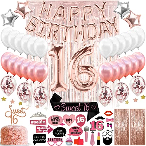 Sweet 16 Birthday Decorations For Girls Rose Gold Party Banner, Balloons, Backdrop, Cake Topper, Photo Booth Props, Sash, Happy 16th Birthday Gifts Sixteen Year Old Girl 79 Pieces By PARIS PRODUCTS CO