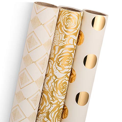 Book Cover Wrapping Paper by MERRI | Gold Gift Wrap for Christmas, Birthday, Wedding, Mother Day, Valentine's Day & Baby Shower | Set of 3 - Gold Foil Pokka Dot, Rose and Diamond Design | 30 X 120 inch