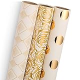Designer Wrapping Paper by MERRI | Gold Gift Wrap for Christmas, Birthday, Wedding, Mothers Day, Valentine's Day & Baby Shower | Set of 3 - Gold Foil Pokka Dot, Rose and Diamond Design | 30 X 120 inch