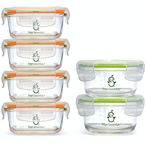 Sage Spoonfuls Glass Baby Food Containers with Lids - 6 Pack, 4 oz & 7oz Baby Food Jars, Durable, Leakproof, Airtight, Freezer Storage, Reusable Glass Baby Food Containers, Microwave & Dishwasher Safe