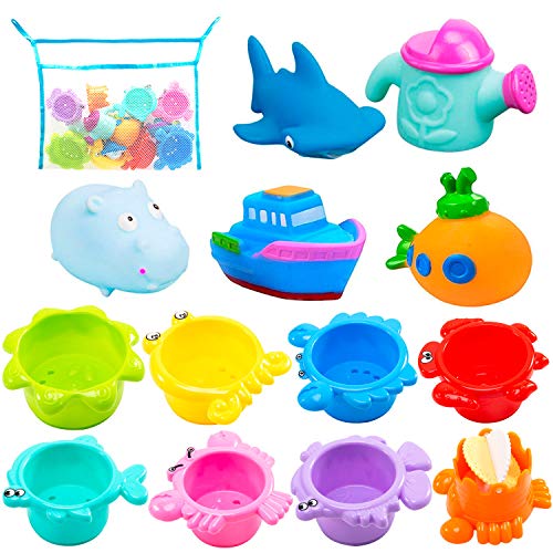 INNOCHEER Bath Toys and Stacking Cups for Toddlers with Quick Dry Organizer Net-13 Pcs Early Educational Toy for Bathtub Game, Beach and Pool Party