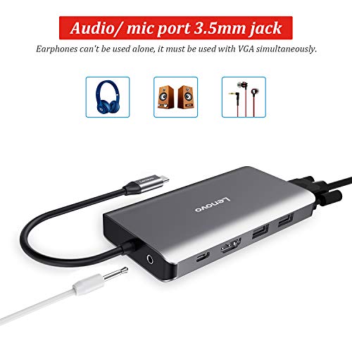Lenovo Hub USB C, 11 en 1 en Aluminium avec HDMI 4K, VGA, RJ45 Gigabit Ethernet, USB 3.0, USB 2.0, Power Delivery, Lecteur de Carte SD & Micro SD, Prise Audio Compatible pour Périphérique USB C