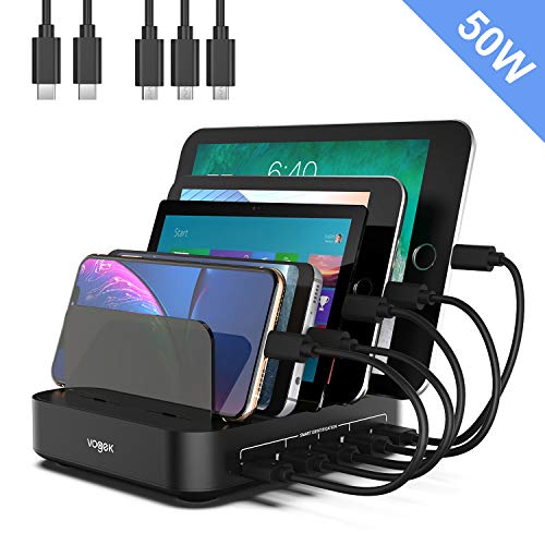 Charging Station, Vogek 5-Port 50W 10A USB Charging Station Dock & Organizer with Smart Identification, 3 Pack Micro USB Cable, 2 Pack USB C Cable for Multiple Device-Black