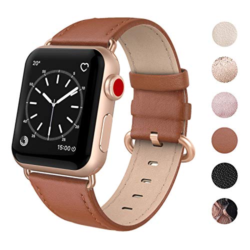 Book Cover SWEES Leather Band Compatible for iWatch 38mm 40mm, Genuine Leather Replacement Strap Rose Gold Buckle Compatible iWatch Series 5 4 3 2 1, Sports & Edition Women Classic Brown