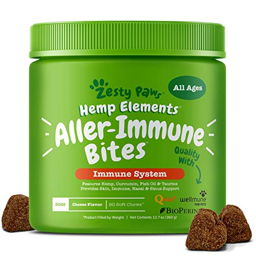 Allergy Immune Supplement with Hemp for Dogs - For Skin & Sinus + Seasonal Pollen Dog Allergies - With Cod Liver Fish Oil, Curcumin, BioPerine, Vitamin C & Quercetin - Omega 3 & 6 Support - 90 Chews