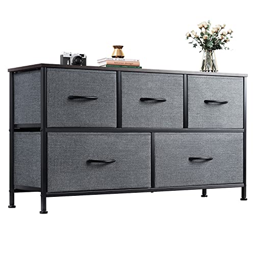Book Cover WLIVE Dresser with 5 Drawers, Dressers for Bedroom, Fabric Storage Tower, Hallway, Entryway, Closets, Sturdy Steel Frame, Wood Top, Easy Pull Handle
