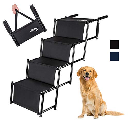 Niubya Folding Car Dog Steps Stairs, Lightweight Accordion Portable Rustproof Metal Frame 4 Pet Steps Ladder with Durable Waterproof Ballistic Nylon, Great for Car, Truck, SUV and High Bed, Black
