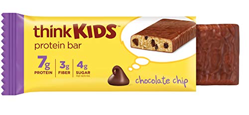 Thinkkids Protein Bars - Chocolate Chip, 7g Protein, 3g Fiber, 4g Sugar, No Artificial Flavors or Colors, Gluten Free, GMO Free*, 1 Oz bar (5Count)