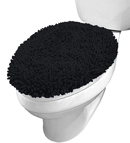 KANGAROO Shag Chenille Toilet Lid Cover, Machine Washable, Microfiber Dries Quickly, Ultra Soft Seat Covers, 19.5x18.5, Fits Most Standard Lids, Essential Home Bathroom Decor, Black