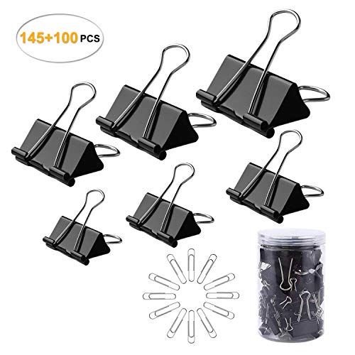 Book Cover CENTSTAR 145 Pcs Assorted Size Binder Clips + [100 Bonus Paper Clips] - 6 Sizes Paper Clamp Meet Your Different Using Needs for Paper - Sturdy Container Included (145 Pcs +100 Bonus Paper Clips)