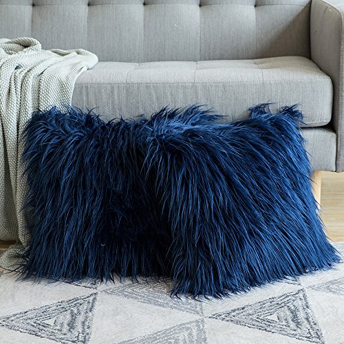 Book Cover MIULEE Pack of 2 Decorative New Luxury Series Style Dark Blue Faux Fur Throw Pillow Case Cushion Cover for Sofa Bedroom Car 20 x 20 Inch 50 x 50 cm