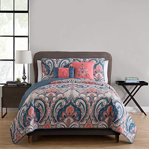 Book Cover VCNY Home Casa Real Collection Quilt Set-Ultra-Soft Reversible Coverlet Bedding-Lightweight, Cool, and Breathable Bedspread, Machine Washable, King, Coral 5 Piece