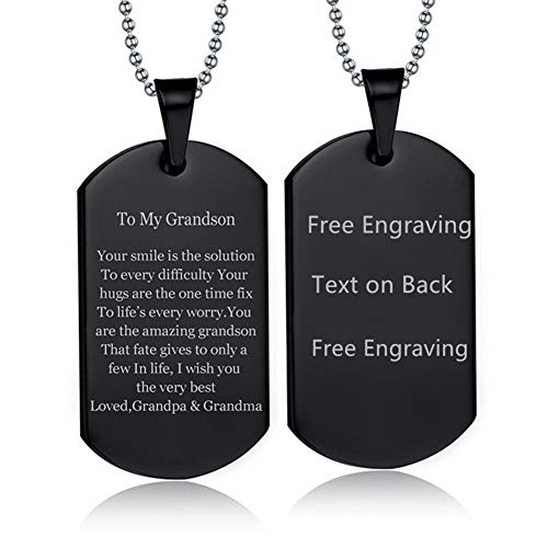 LiFashion LF Stainless Steel Personalized Name Date Customized Boy's Dog Tag Pendant Necklace for Grandson Sentimental Motivational from Grandpa Grandma for Graduation Birthday Gift,Free Engraving