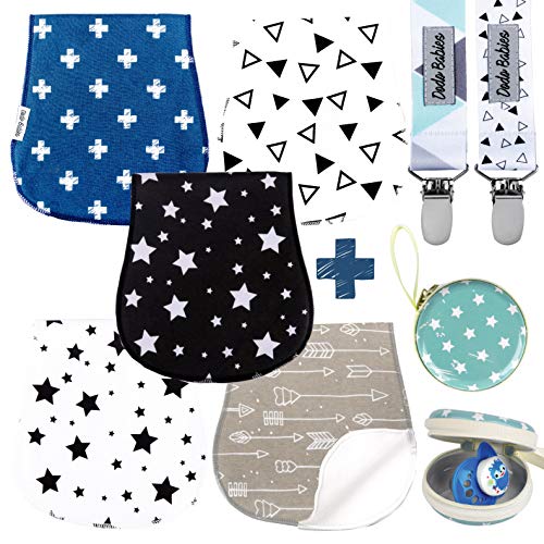 Baby Burp Cloths Pack of 5 by Dodo Babies + 2 Pacifier Clips + Pacifier Case Premium Quality Unisex Boy or Girls Soft and Absorbent, Excellent Baby Shower/Registry Gift