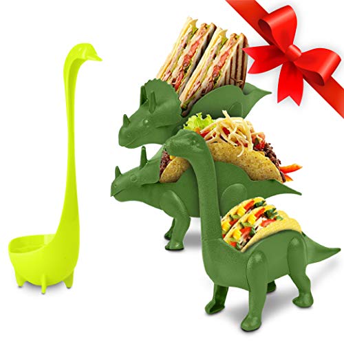 Dinosaur Taco Holder Set by East World - Tacosaur Tribe with BrontoSpoon Ladle - 3x Dino Stands for 6x Jurassic Tacos! Triceratops Taco Stand Holder, Taco Truck or Kids Plastic Novelty Taco Plates