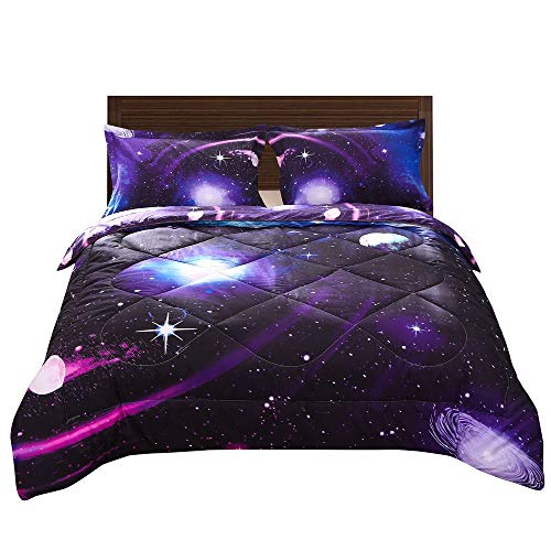 Book Cover BabycarePro 3D Galaxy Comforter Sets Twin Size for Kids, Cheap Comforter Bedding Sets 3 Piece, 1 Comforter, 2 Pillowcases (Twin, Galaxy Purple Comforter Sets)