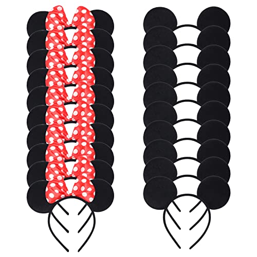 20 Pack Mouse Ears Solid Black and Red Bow Headband for Mouse Themed Birthday Party Supplies