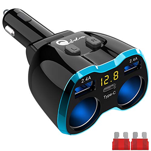 Book Cover USB C Car Charger, Cigarette Lighter Splitter Adapter 2 Socket Type C Multi Power Outlet 12V/24V 80W DC with LED Voltmeter Switch 5.8A Dual USB Port for Mobile Cell Phone GPS Dash Cam