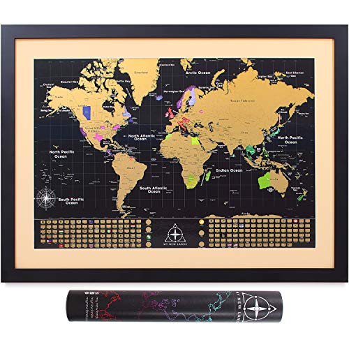 Book Cover MyNewLands Gold Scratch Off World Map Wall Poster with US States and Flags, 17x24 inches, Includes Pins, Buttons and Scratcher, Glossy Finish, Black with Vibrant Colors