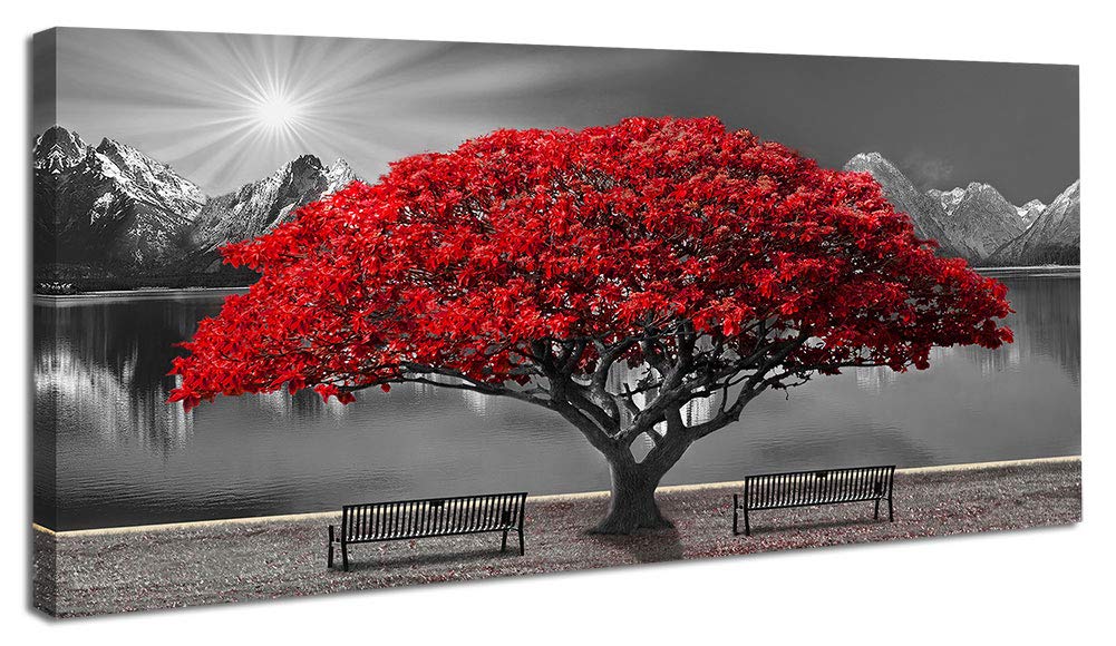 Book Cover Black and White Red Tree Wall Art Canvas Print Picture Large Red Tree Landscape Modern Artwork for Living Room Bedroom Office Home Wall Decoration Decor With Frame 20x40in