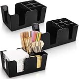 Tebery 3 Pack Black Plastic Bar Caddy with 6 Compartments, Refillable Bar Organizer Holds Napkins, Toothpicks, Straws - 9" L x 5.4" W
