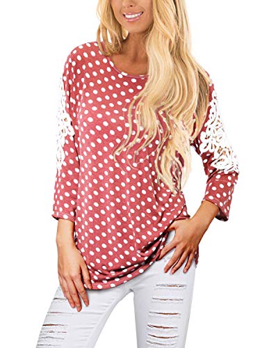 JunJunBag Women's Casual Tunic Top Polka Dot Half Sleeve Lace Spliced T-Shirt