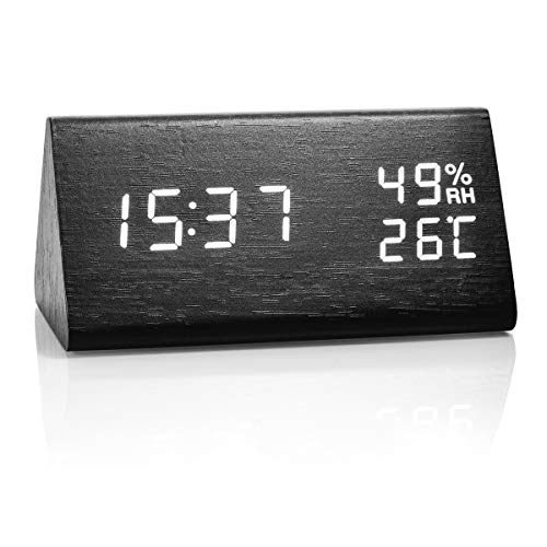 Idealin Alarm Clock Wooden Made LED Display with 3 Level Brightness Dimmer Temperature Humidity USB Port for Charging Ideal for Home and Office